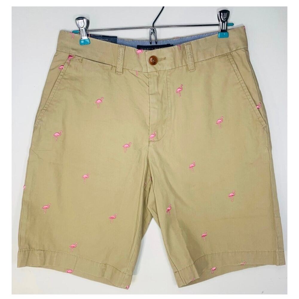 TOMMY HILFIGER Pink Flamingo Embroider Khaki Shorts Men 29 9.5" Flat Front NWT